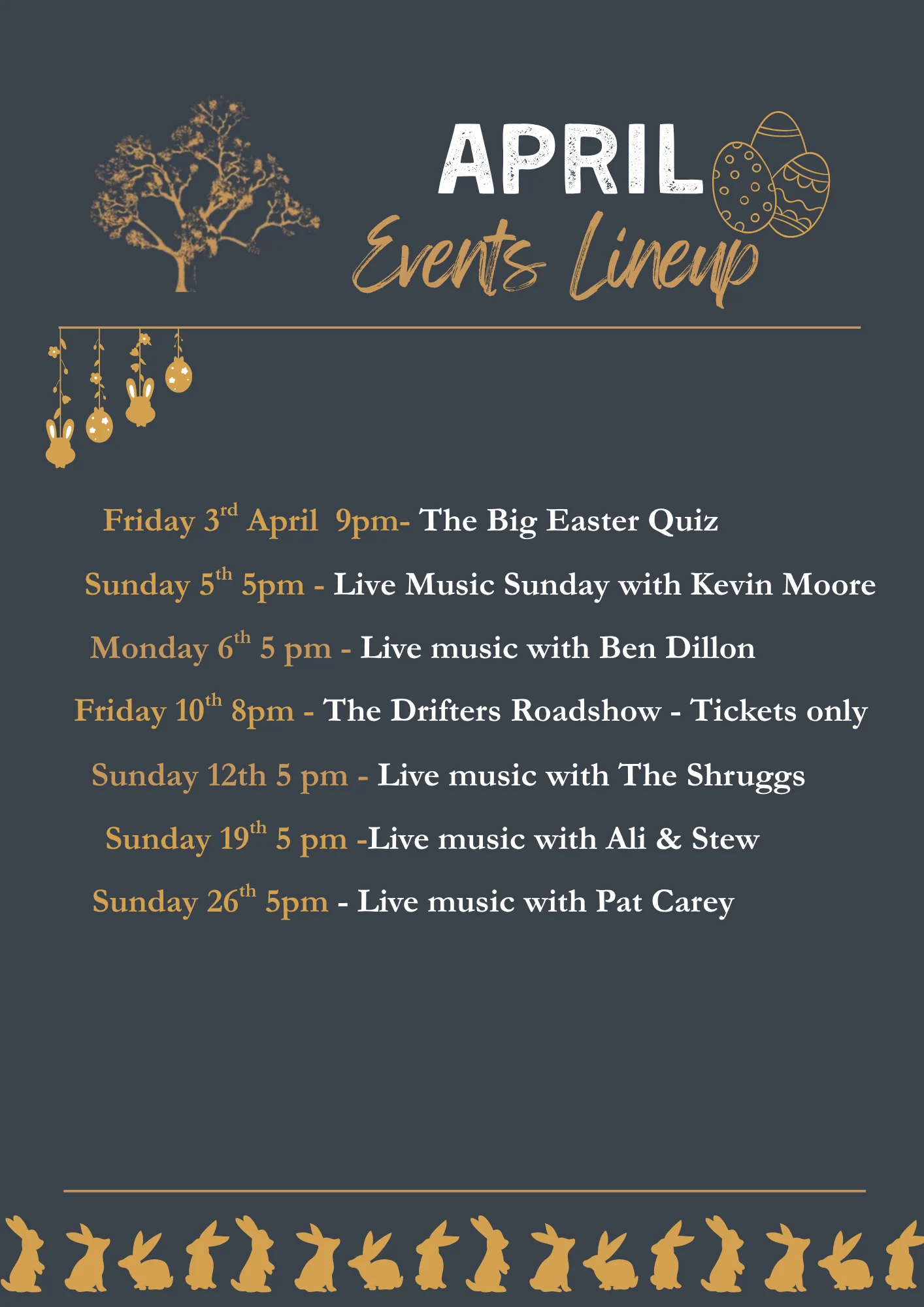 April events lineup at Courtmacsherry Hotel featuring live music and Easter quiz