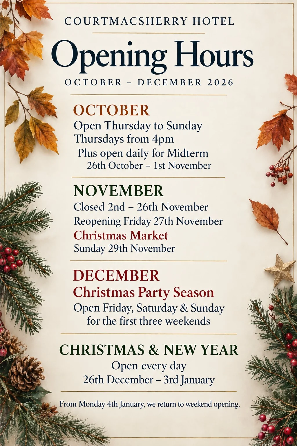 Courtmacsherry Hotel opening hours October to December 2026