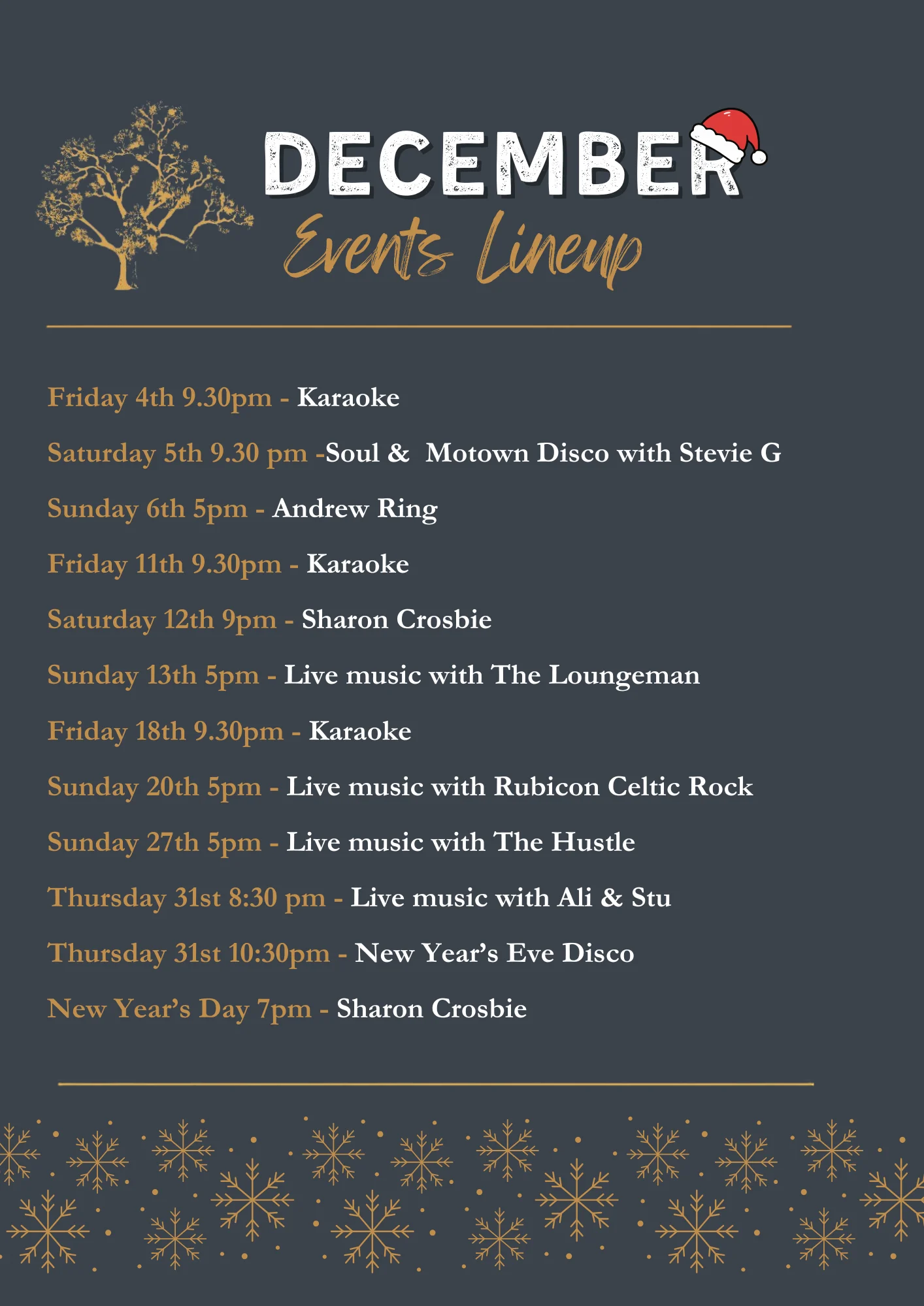 December events and live music at Courtmacsherry Hotel, including karaoke, Stevie G, Sharon Crosbie and live music throughout the month.