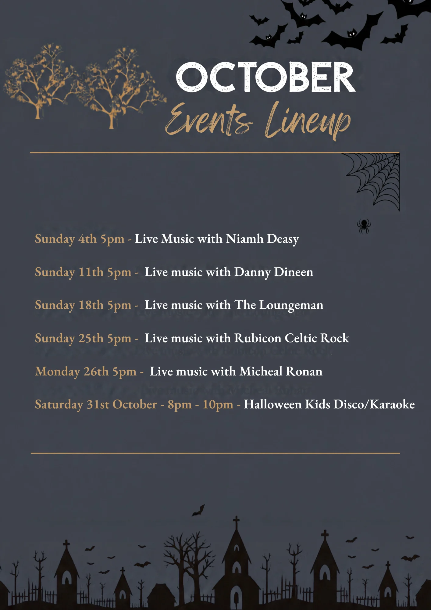 October events and live music at Courtmacsherry Hotel, including Sunday live music and Halloween Kids Disco and Karaoke.